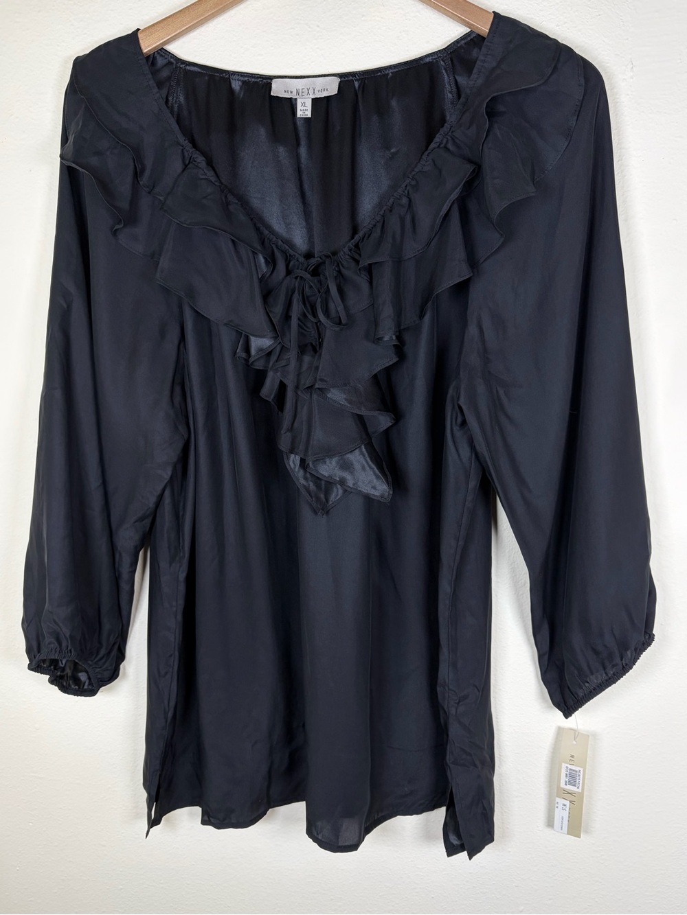 NEXX New York Black 100% Silk Ruffle Blouse XL NWT Romantic Boho Top